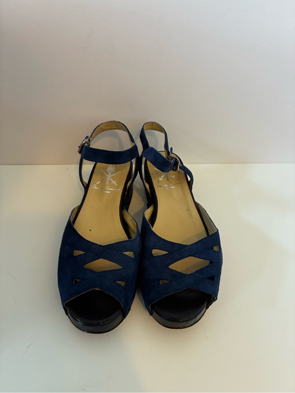Opening Ceremony Navy Blue Suede Peep-Toe Ankle-Strap Platforms